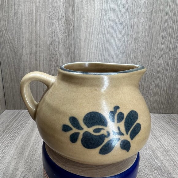 Vtg Pfaltzgraff Folk Art Sugar Bowl Creamer Set of 3 Stoneware Floral Blue Tan - Picture 2 of 16